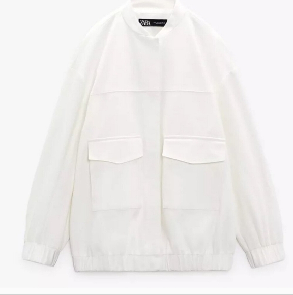 New Zara Longline Patch Pockets Oyster White Bomber Jacket Blogger Fav Small - Picture 11 of 17